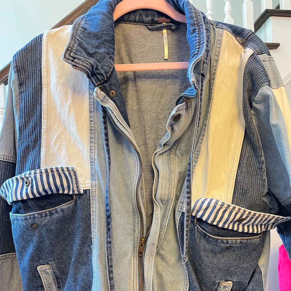 Women's Free People Panel Denim Bomber Jacket - Size: Medium